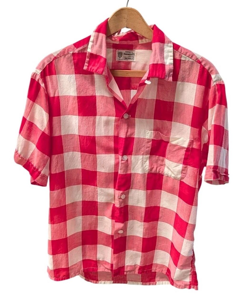 California Dan River Penneys Towncraft Rockabilly Plaid Sz M Loop Collar Shirt H